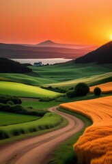 Naklejka premium Sunset Rural Landscape Rolling Hills, Golden Wheat Fields, Winding Road