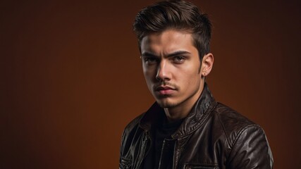Obraz premium Stylish portrait of a young man with a leather jacket against a brown background, showcasing modern fashion.