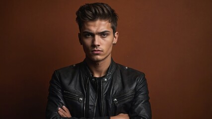 Fototapeta premium Confident young man poses with leather jacket and crossed arms against a solid background. Portrait.