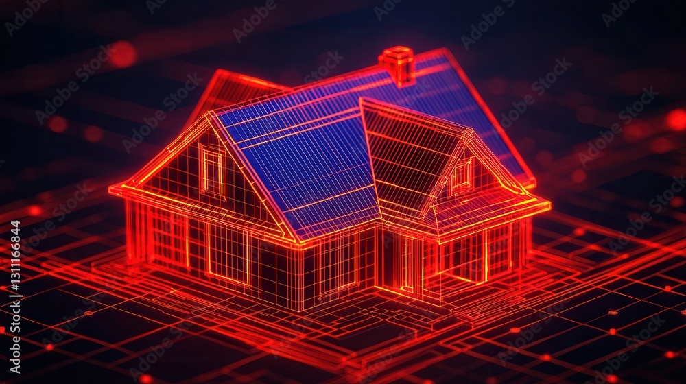 Aufkleber 3d digital render of a house with red and blue wireframe outline and technology background