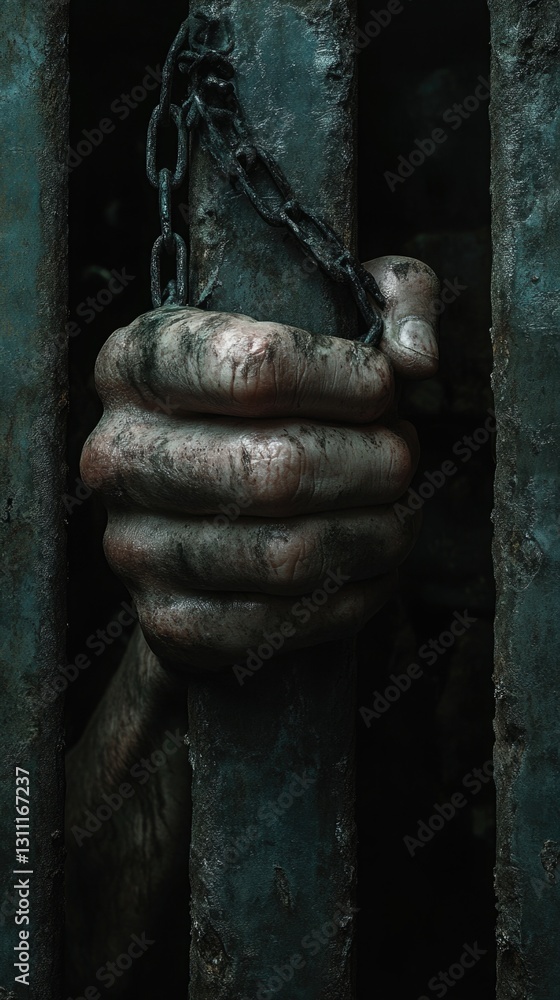 Poster a close-up shot of a person grasping a chain, possibly symbolizing connection or constraint