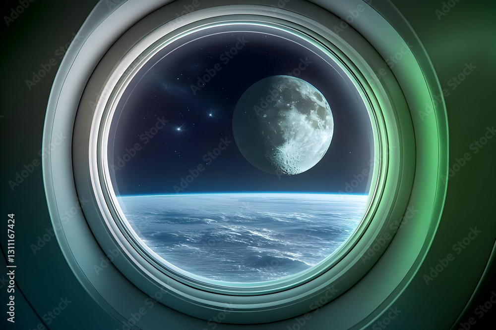 Poster stunning 3d render of space window view with earth and moon view in