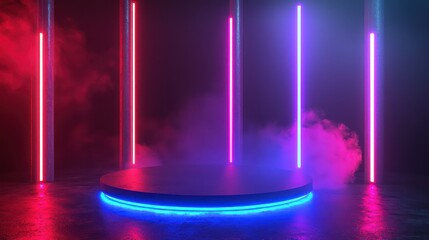 Neon lights and smoke on an empty stage, dark room 3D mockup.