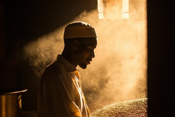 Man working, sunlit, dusty room