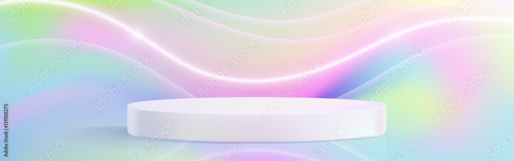 Poster hologram 3d stage with white circular platform on iridescent background. neon flowing light waves in