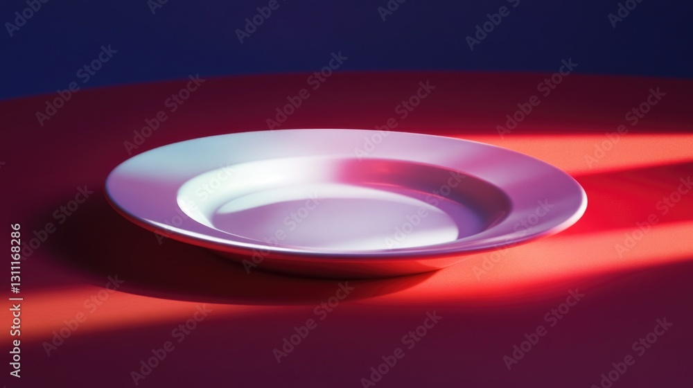 Aufkleber a simple still life with a white plate placed on top of a red table, suitable for use in food or int