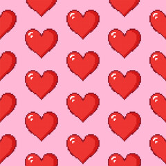 Romantic seamless pattern of bright red pixel hearts on a soft pink background. Hand drawn vector illustration for wrapping paper, textile, fabric.