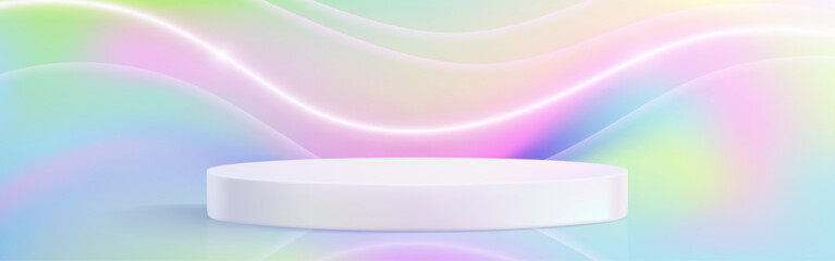 Hologram 3d stage with white circular platform on iridescent background. Neon flowing light waves in minimalist display space for product presentation. Elegant podium under luminous curved lines.