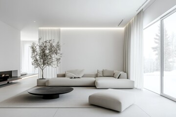 A comfortable living room scene with a couch, coffee table, and calm atmosphere