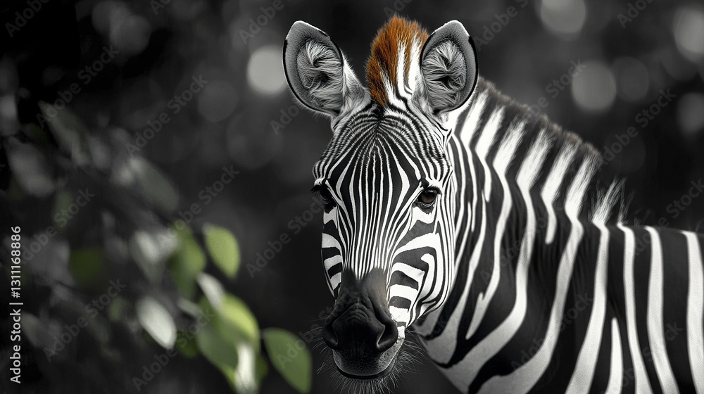 Poster zebra with intense contrast and smooth fur stands in natural setting