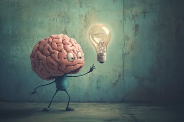 A fun digital painting of a cute brain mascot with little arms and legs, pointing at a floating lightbulb