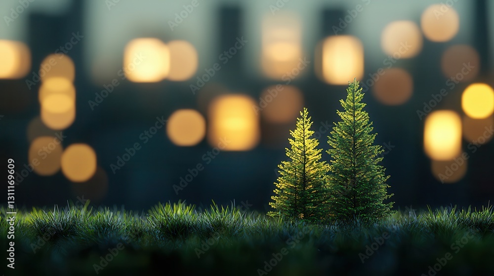 Poster lush green trees with soft bokeh background in an urban setting at dusk