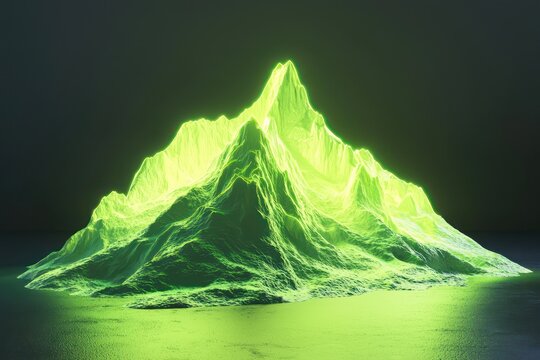Branding goes adventurous with a glowing neon green mountain in 3D rendering.