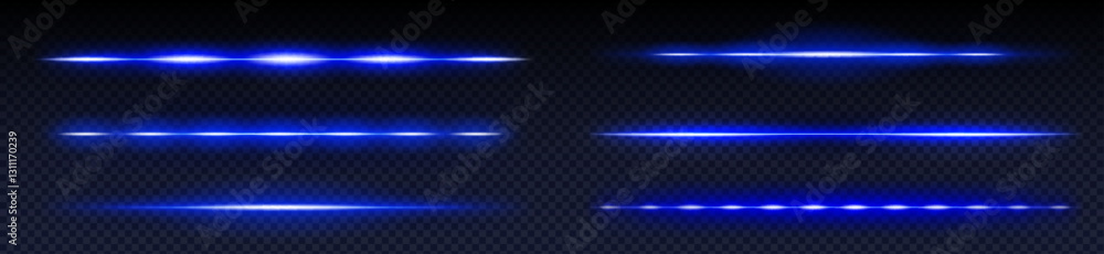 Poster neon laser beam set in vibrant blue color on transparent background. multiple horizontal light effec
