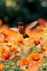 Fototapeta premium Hummingbird hovers over vibrant orange flowers in a garden