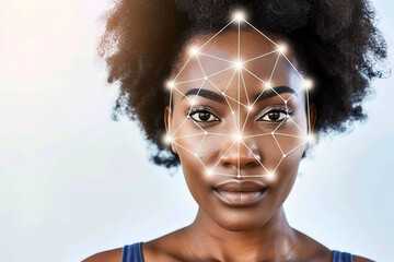 Young woman with digital facial recognition grid overlay, analyzing identity, futuristic technology concept