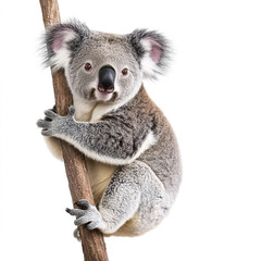 Naklejka premium Koala clinging to tree branch on white background