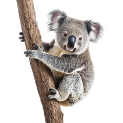 Koala clinging to tree on white background, looking curious