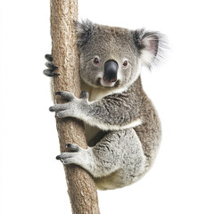 Obraz premium Koala clinging to tree on white background