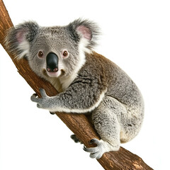 Fototapeta premium Koala clinging to branch on white background