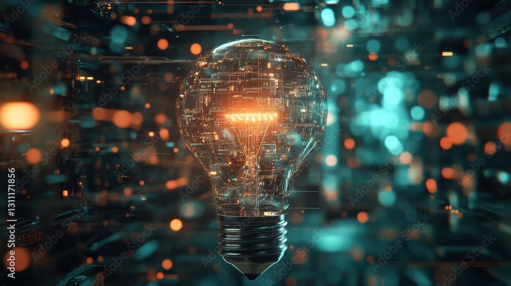 Poster a futuristic light bulb with a network of interconnected digital ideas flowing through it.