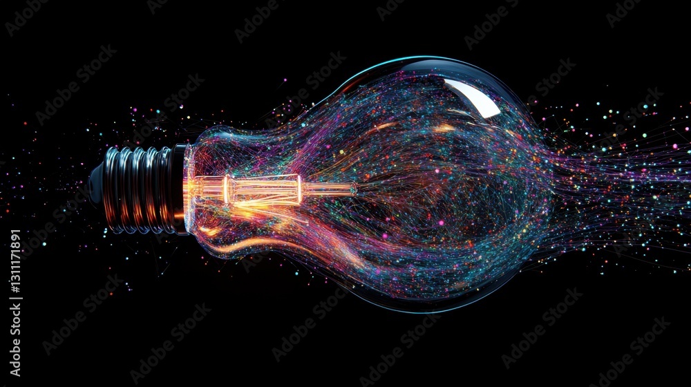 Poster a futuristic light bulb with a network of interconnected digital ideas flowing through it.