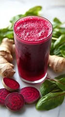 Freshly squeezed beet and ginger juice served with natural garnish of beet slices and green leaves on a clean white background promoting health and vitality