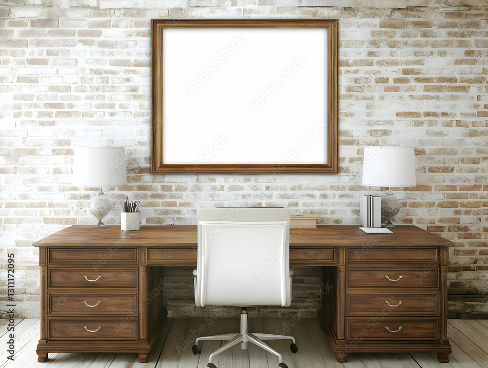 Poster modern home office with wooden desk and empty frame 3d rendered image