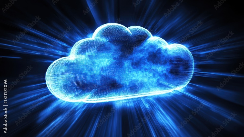 Poster a futuristic neon-lit cloud computing system with data streams flowing.