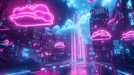 A futuristic neon-lit cloud computing system with data streams flowing.