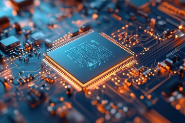 Obraz premium A futuristic business presentation background featuring a close-up of a high-performance microprocessor.