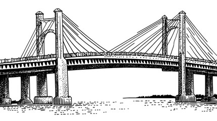 Detailed vector engraving of a bridge showcasing architectural design with surrounding water and a distant landmass