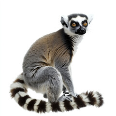 Obraz premium Ring tailed lemur sitting on white background, looking alert