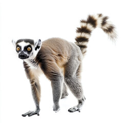 Fototapeta premium Ring tailed lemur standing on white background, looking curious