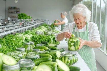Elderly woman in striped apron carefully seals glass jar of fresh cucumbers in modern food processing facility, surrounded by green vegetables, ensuring high-quality preservation.