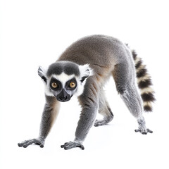 Fototapeta premium Ring tailed lemur standing on white background, looking curious