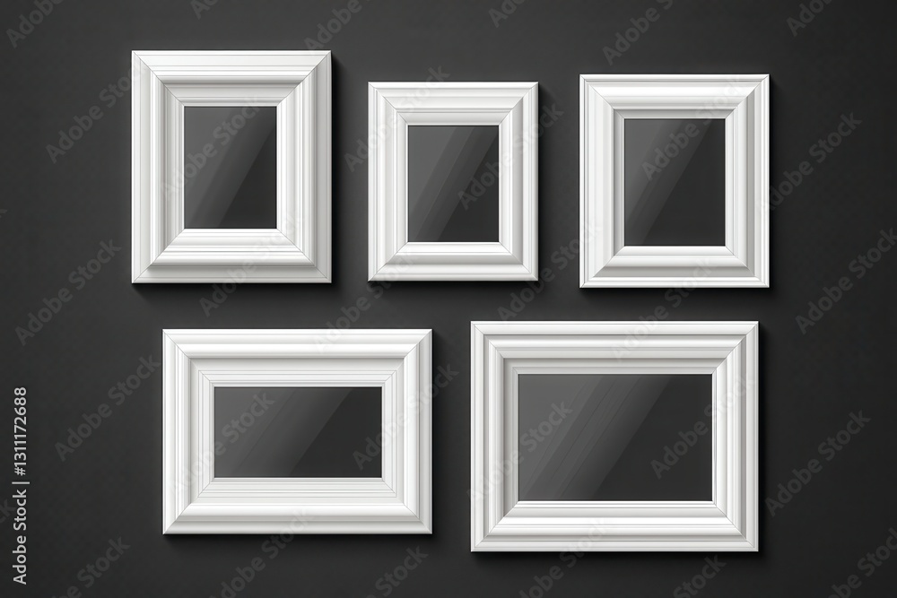 Poster multiple white picture frames arranged on a dark wall showcasing versatility in home decor and desig