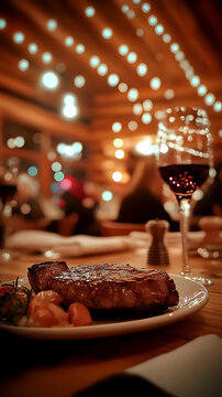 Savory Grilled Steak Dinner with Red Wine at a Cozy Restaurant in a