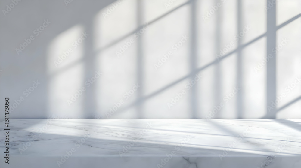 Poster white marble tabletop product display with window light shadows 3d