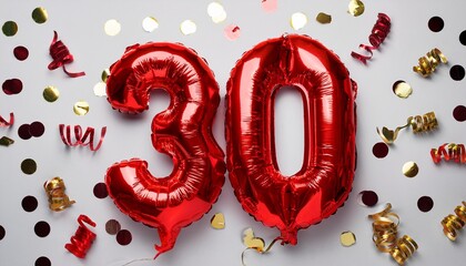 Red balloon number 30 for thirtieth birthday or anniversary party. White background with confetti