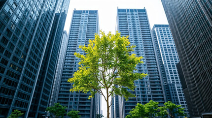 Obraz premium Single Green tree with the background of many large building, Conceptual image symbolizing global warming leading to destroying the natural ecosystems of our planet