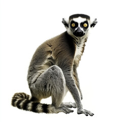 Fototapeta premium Lemur sitting on white background, looking alert and curious
