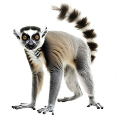 Fototapeta premium Lemur standing on white background with striped tail