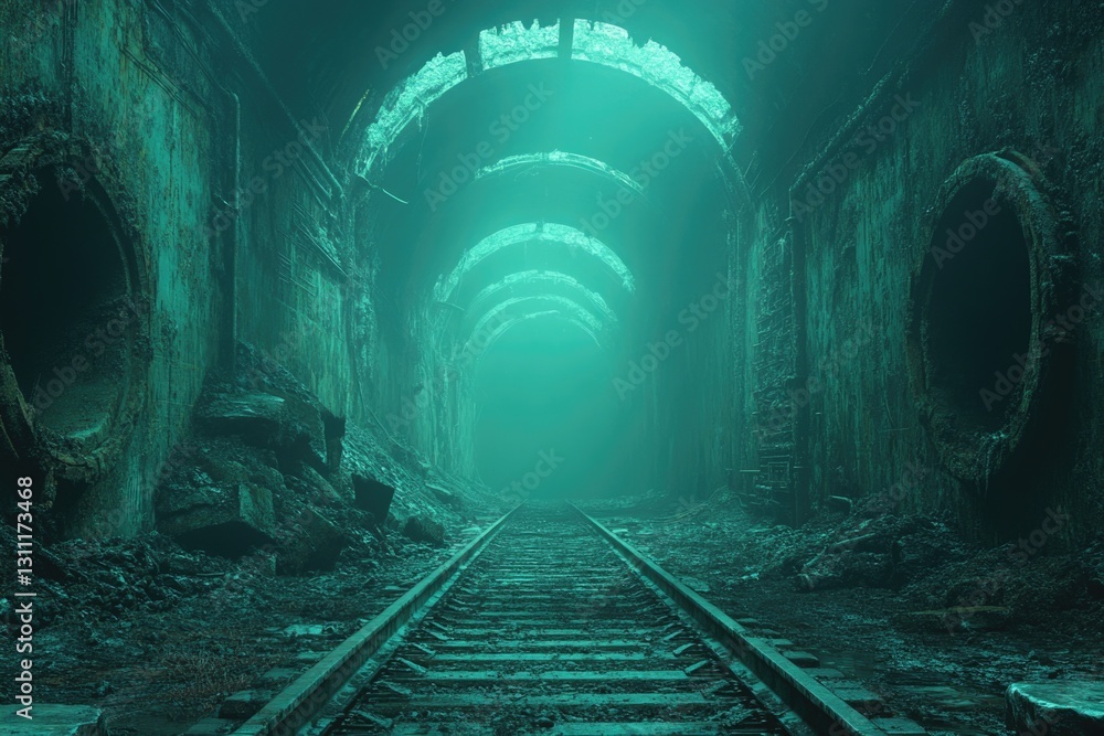 Poster a train track in a tunnel with another tunnel in the background