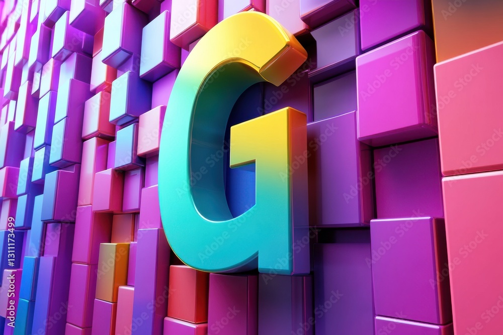 Poster colorful abstract design featuring a large letter g against a vibrant background of geometric shapes