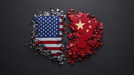 Fragmented flags of USA and China symbolize geopolitical tensions and rivalry