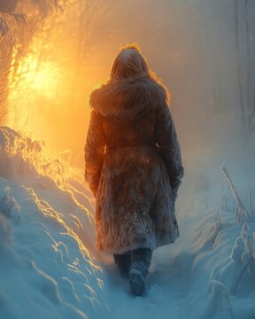 A person in a warm and cozy fur coat walks through snowy terrain, perhaps on their way to a winter wonderland or enjoying some alone time in nature