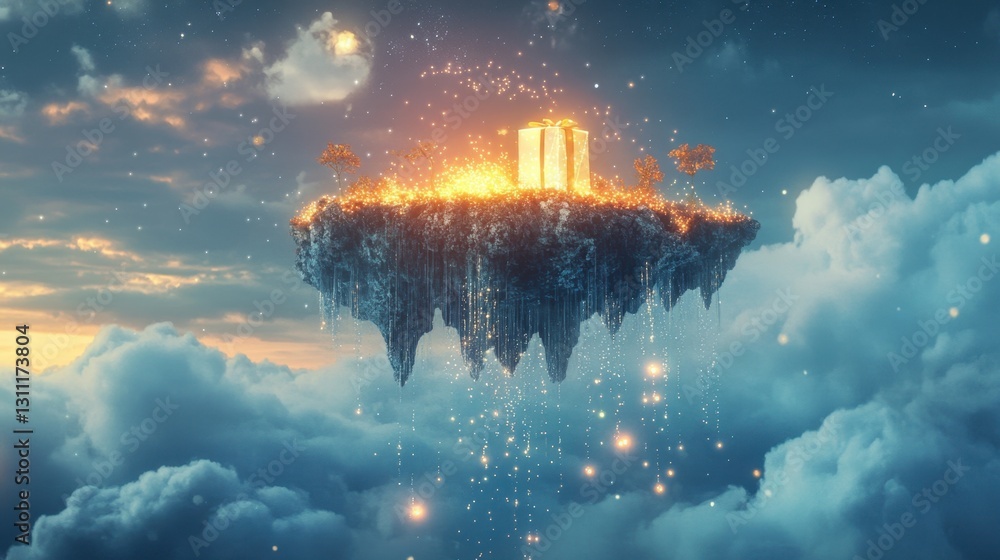 Poster A glowing present resting on a floating island high in the sky, a cascade of sparkles trailing downwards.