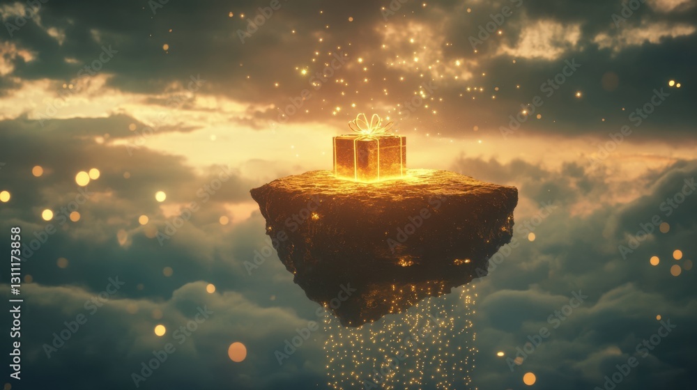 Poster a glowing present resting on a floating island high in the sky, a cascade of sparkles trailing downw