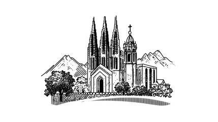 Fototapeta premium Engraved vector design of a historic church surrounded by mountains captures intricate details and artistic elements